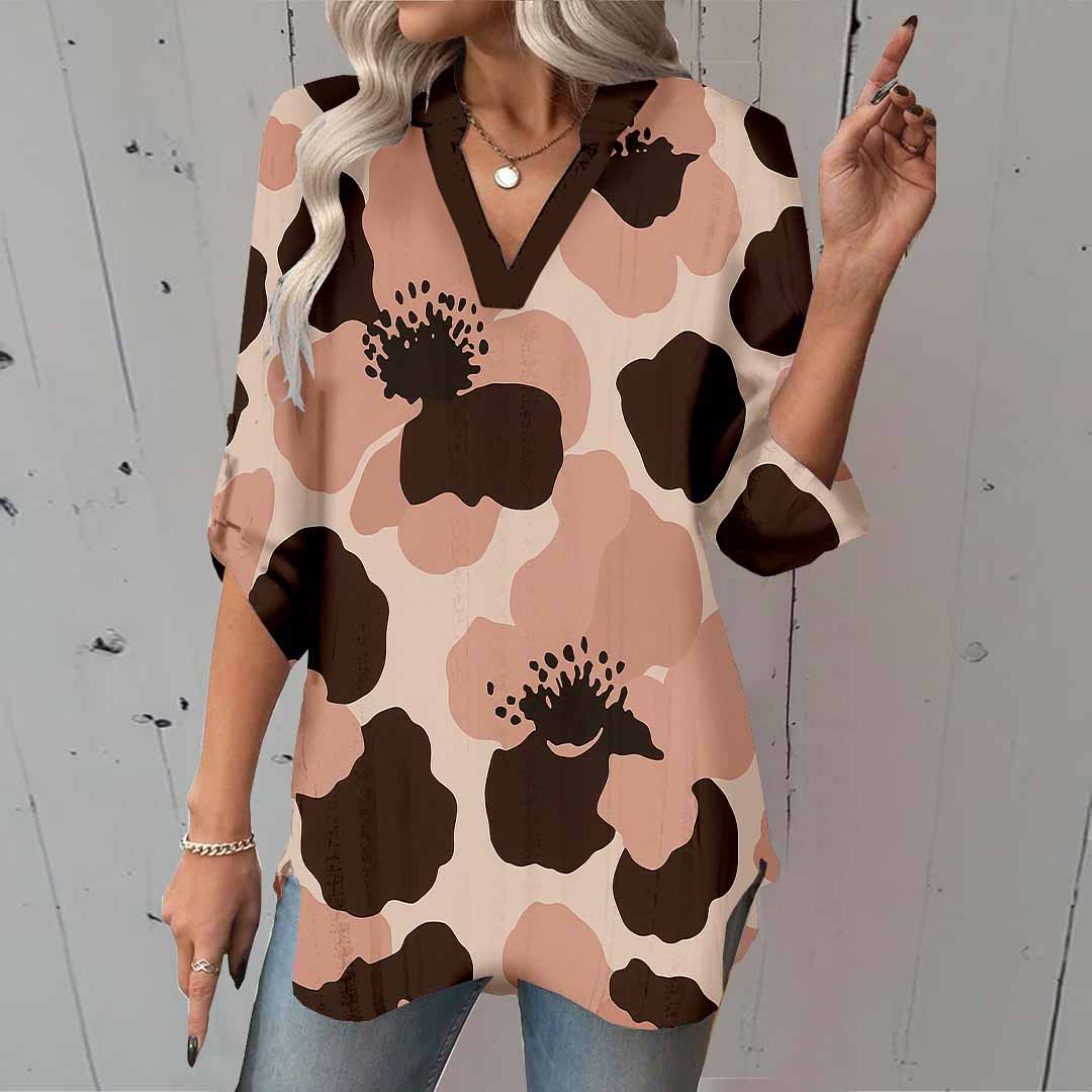 Women Animal, Pink, Black DZGA0150 3/4 Sleeve V-neck Printed Graphic Button Tops