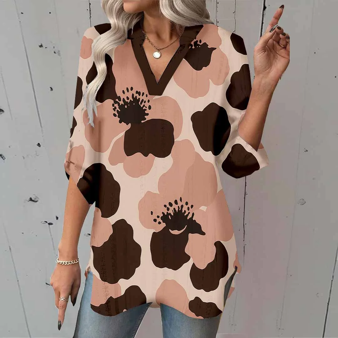 Women Animal, Pink, Black DZGA0150 3/4 Sleeve V-neck Printed Graphic Button Tops