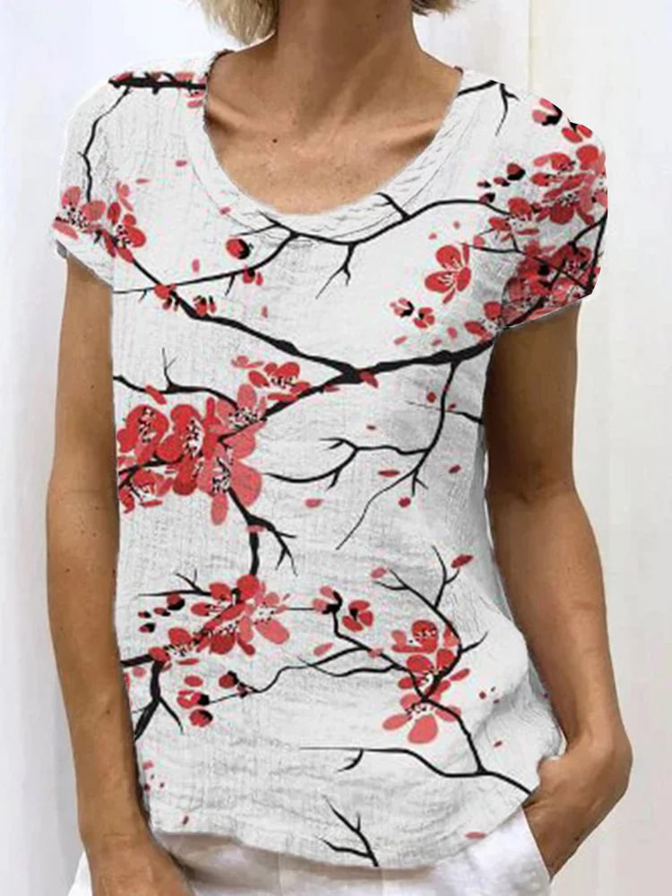 Comstylish Japanese Retro Plum Blossom Art Linen Casual T-Shirt
