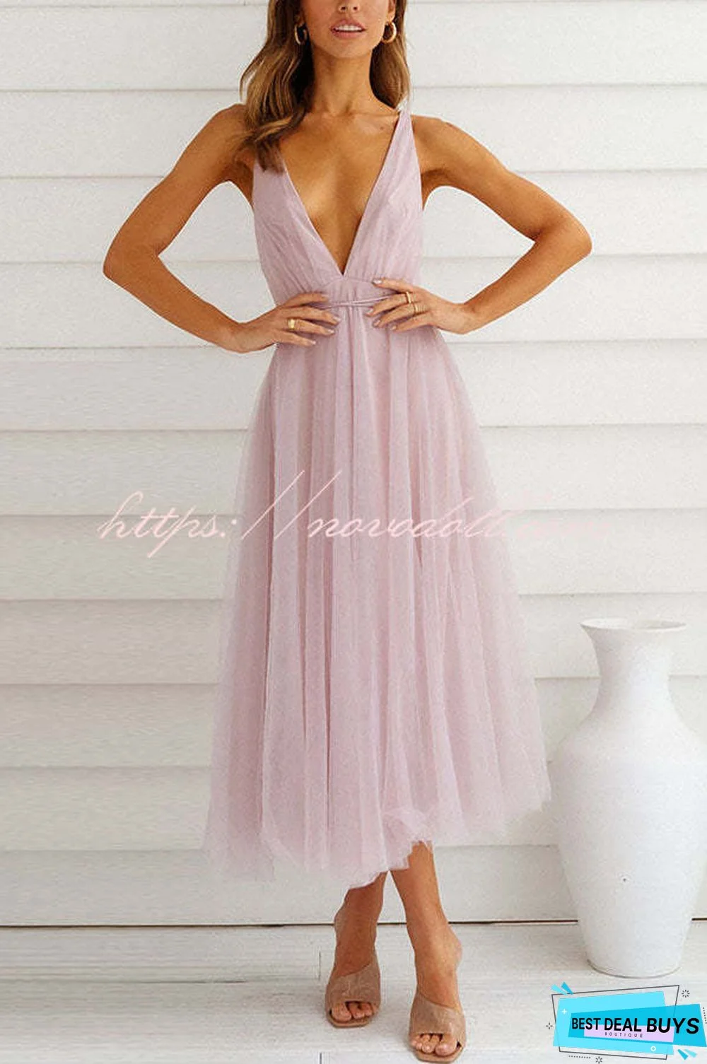 Feeling Romantic V Neck Tulle Midi Dress