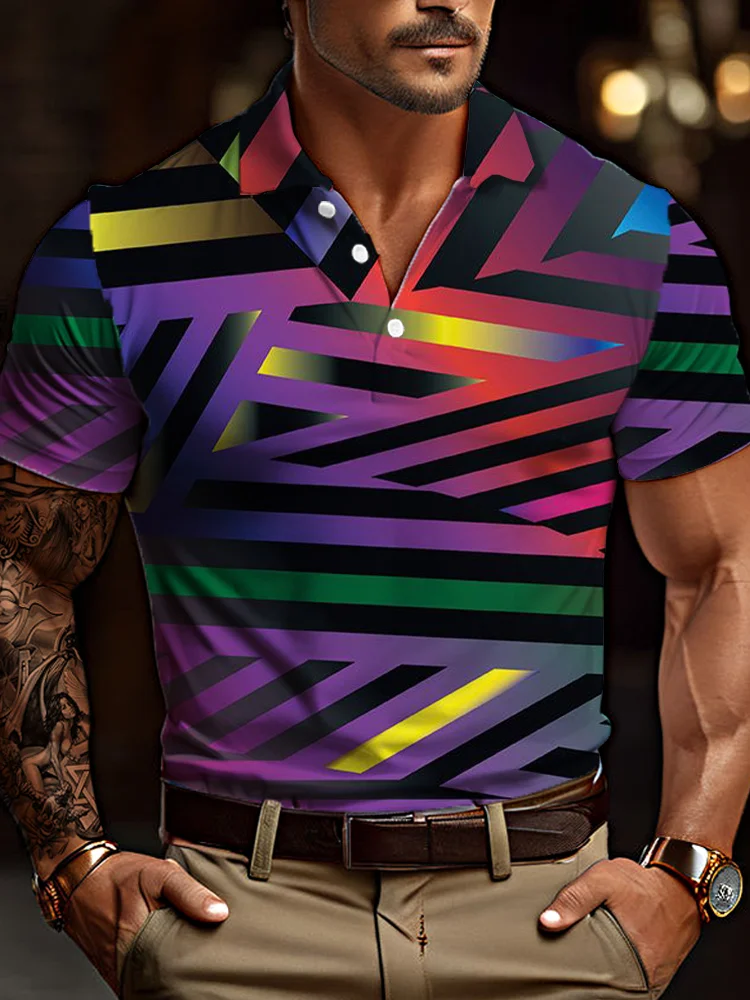 Op Art Abstract 80s Colorful Geometric Line Background Printing Short Sleeve Polo BestDVibe