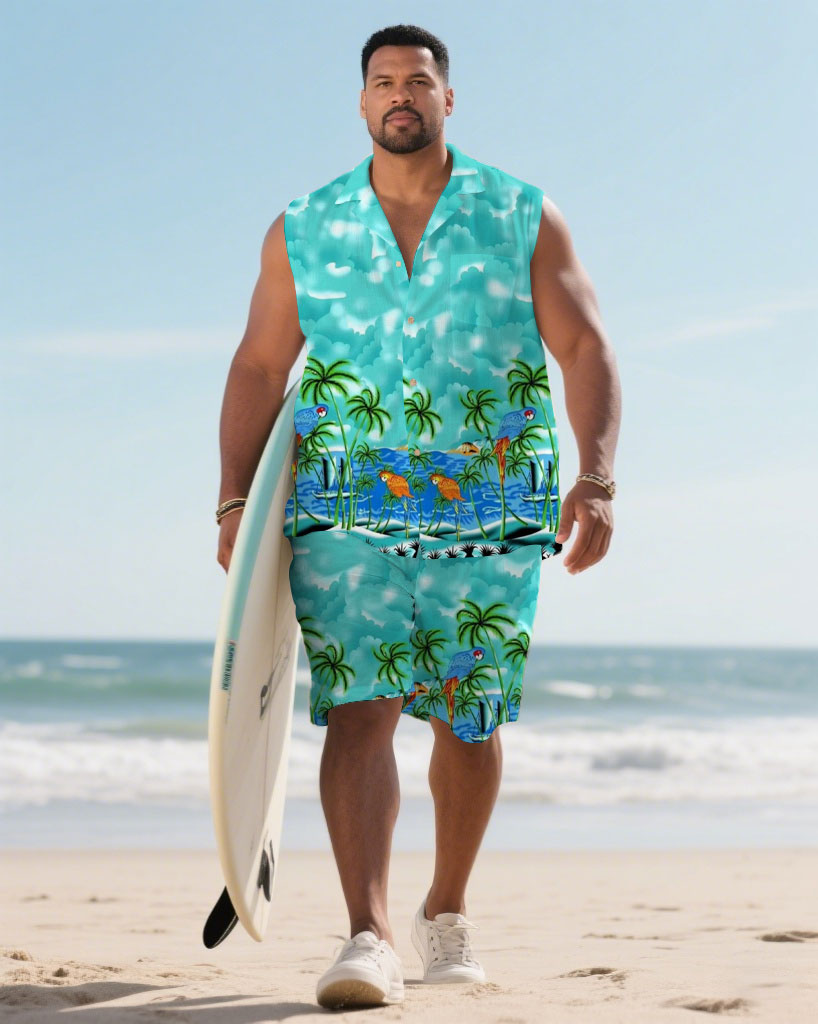 Hawaiian Men's Plus Size-Lake Green Coconut Tree Print Waistline Shirt Shorts Suit