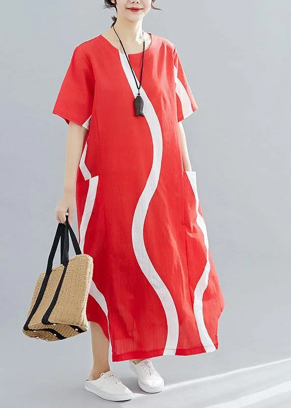 Loose red striped cotton Tunics o neck asymmetric Traveling summer Dress