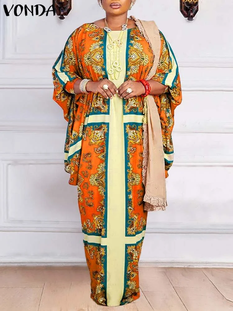 Women Bohemian Maxi Long Dress Elegant Party Maxi Dress 2022 VONDA Summer Long Sleeve Vintage Printed Holiday Vestidos Femme 4#