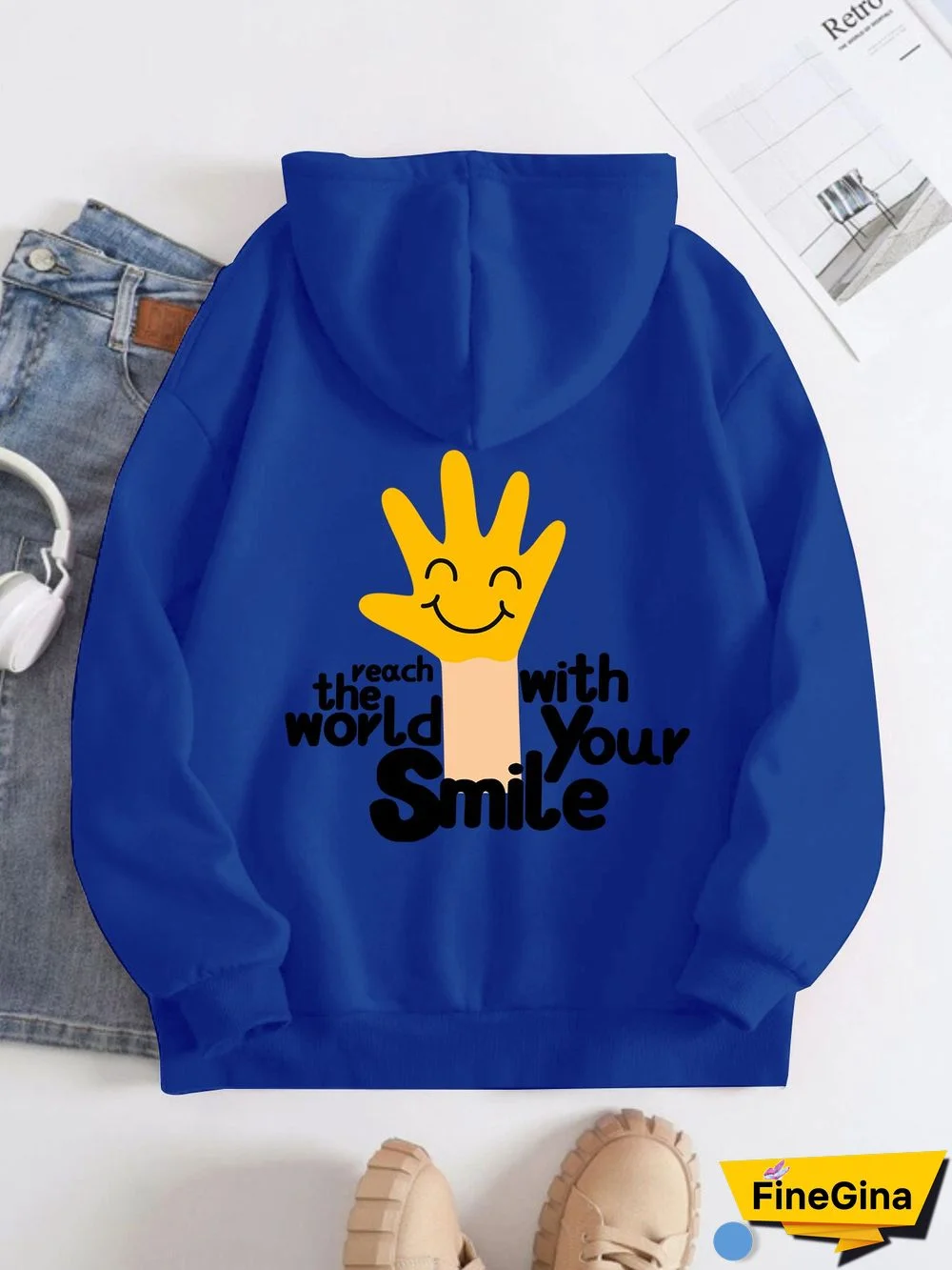 Printed on the Back Kangaroo Pocket Hoodie Long Sleeve for Women Pattern Touch the World with Your Smile