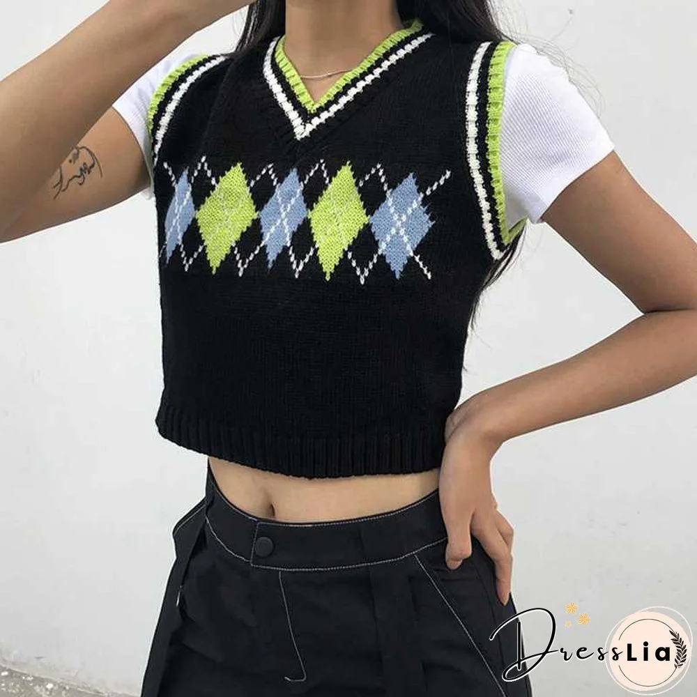 Checkered Cropped Knitted Tank Argyle Sleeveless Jumper