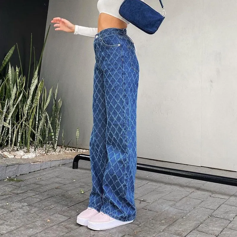 HEYounGIRL Casual Argyle Woman Jeans Straight High Waist Pants Capris Froll Plaid Fashion Long Denim Trousers Streetwear