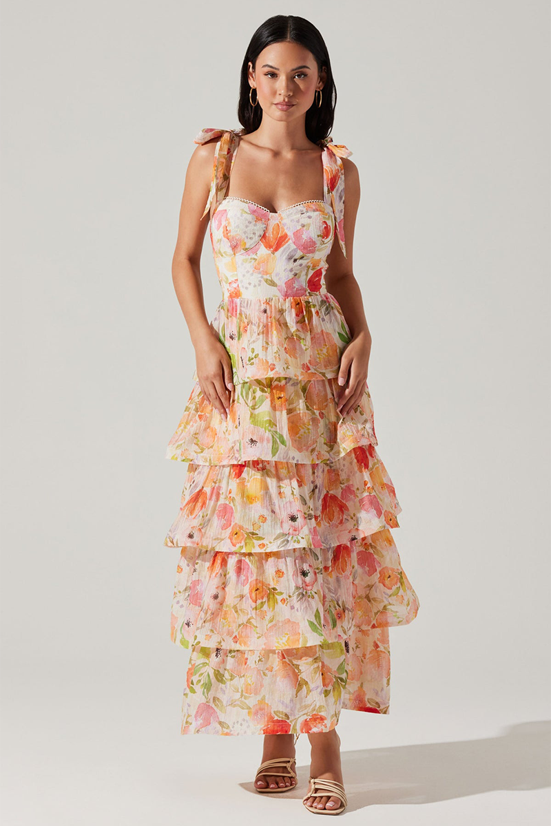 Tied Up Straps Floral Print Layered Hem Maxi Dresses-Orange