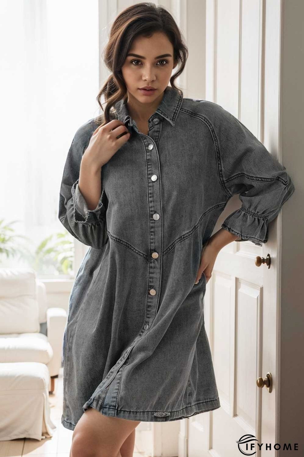down loose short sleeve denim jean dress drop shoulder a line paneled peasant closed bateau v neck dress | IFYHOME