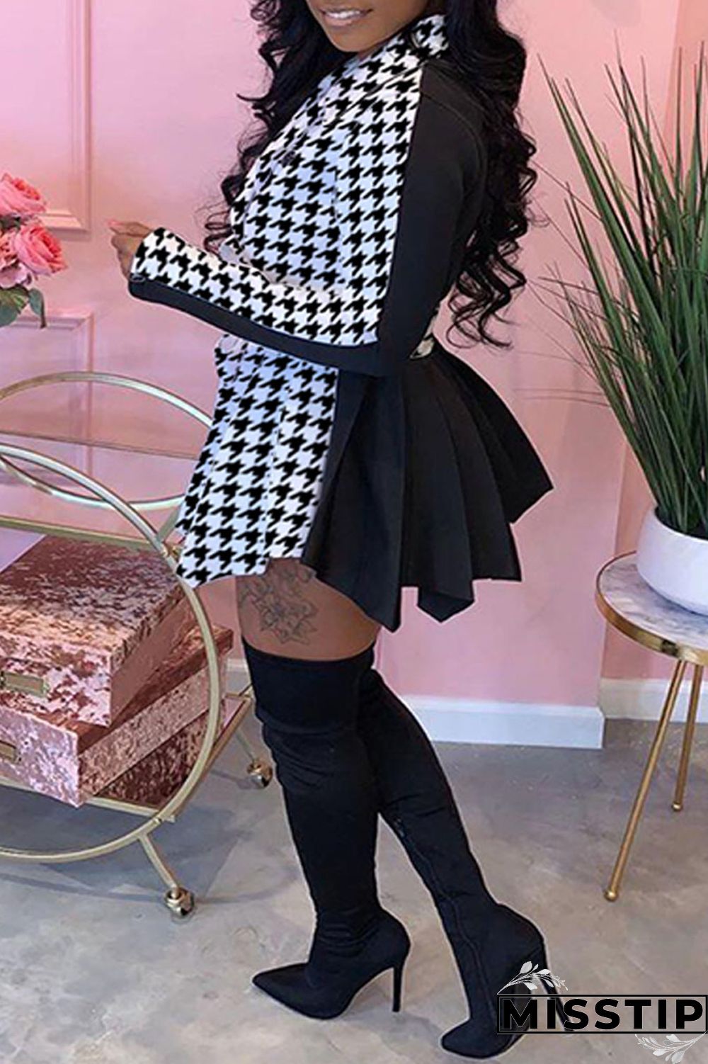 Black And White Casual Print Patchwork Turn-back Collar Long Sleeve Plus Size Dresses