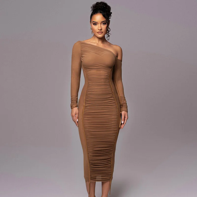 Brownm Brownm 2024 The New Women's Long Sleeve Mesh Splicing Inclined Shoulder Long Temperament Pleated Dress Female