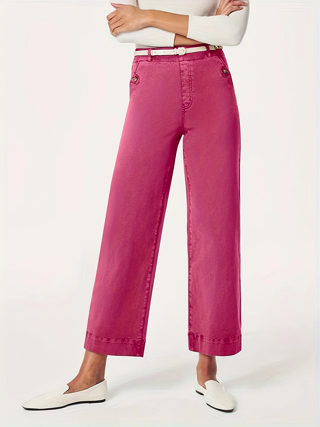 Women's High-Stretch Mid-Rise Loose Fit Straight Leg 3/4 Denim Jeans - Casual Button-Fly Pants With Faux Button Details, Machine Washable All-Season Comfort For Casual Attire, Versatile Clothing, Midrise Denim | IFYHOME