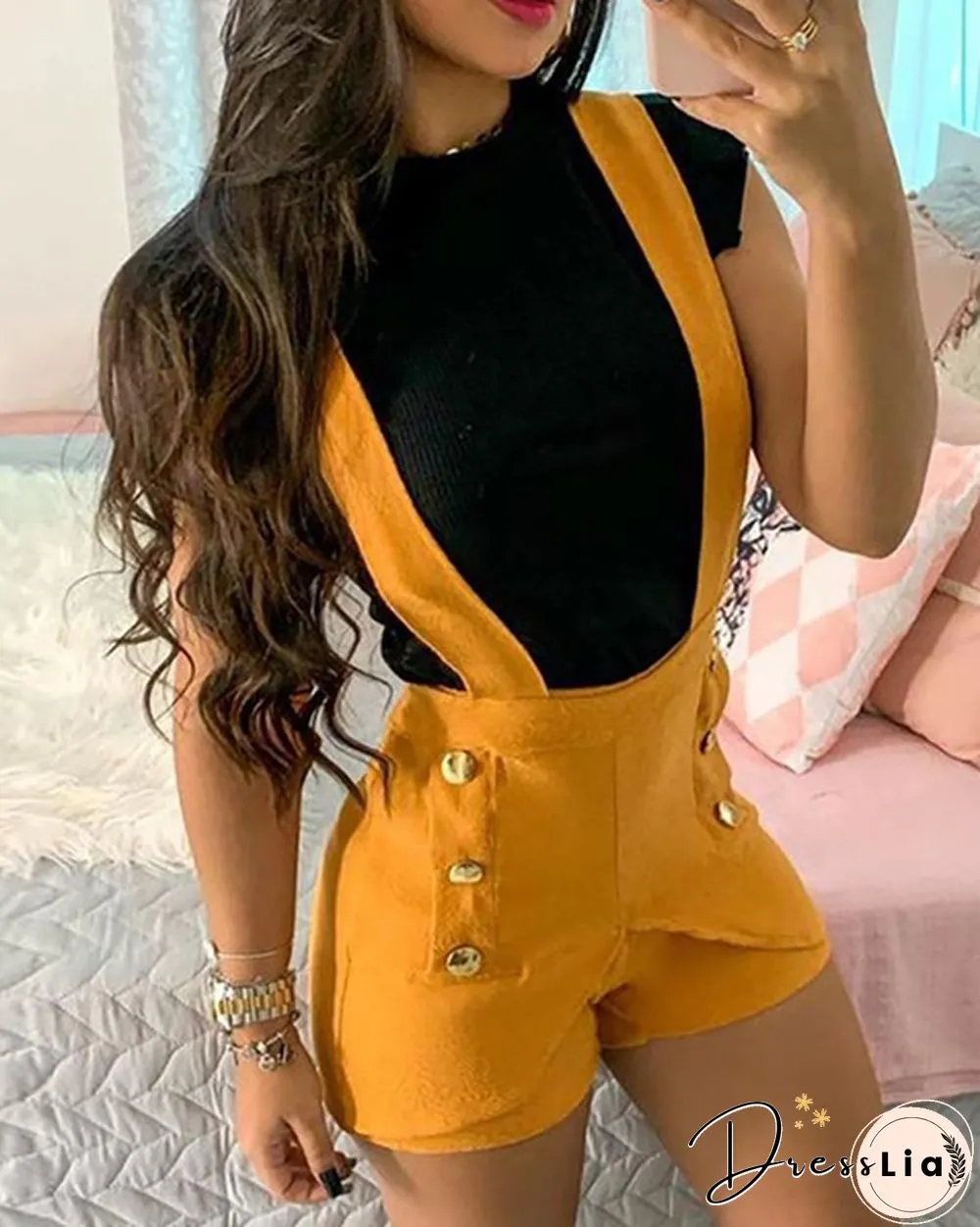 Summer Womens Fashion Slim Fit Button Casual Suspender Romper Jumpsuits Short Pants Daily