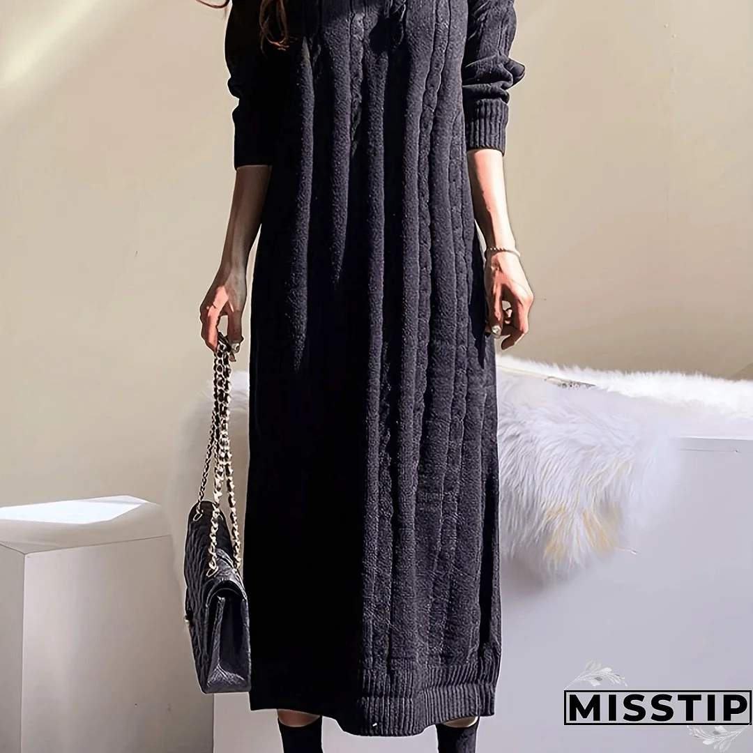 Solid Cable Knit Sweater Dress, Casual Long Sleeve Midi Dress, Women's Clothing