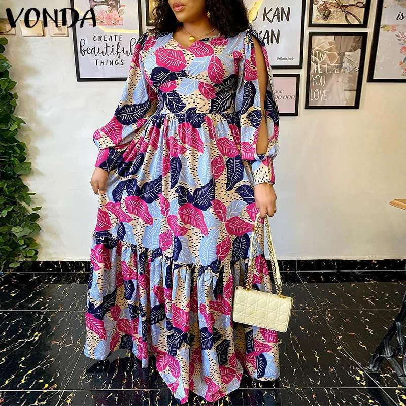 Summer Party Long Maxi Dress 2022 VONDA Women Vintage Long Sleeve Slit Vintage Printed Pleated Dress Casual Vestido Femininas
