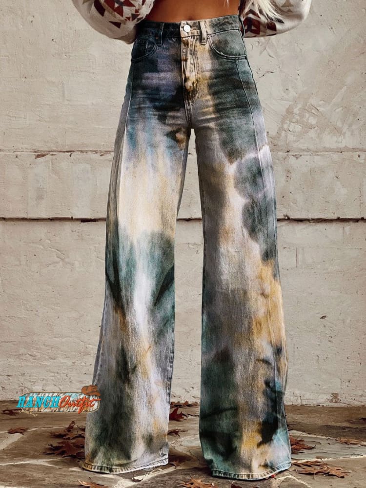 Women’s Vintage Print Casual Wide Leg Pants Multicolor / S
