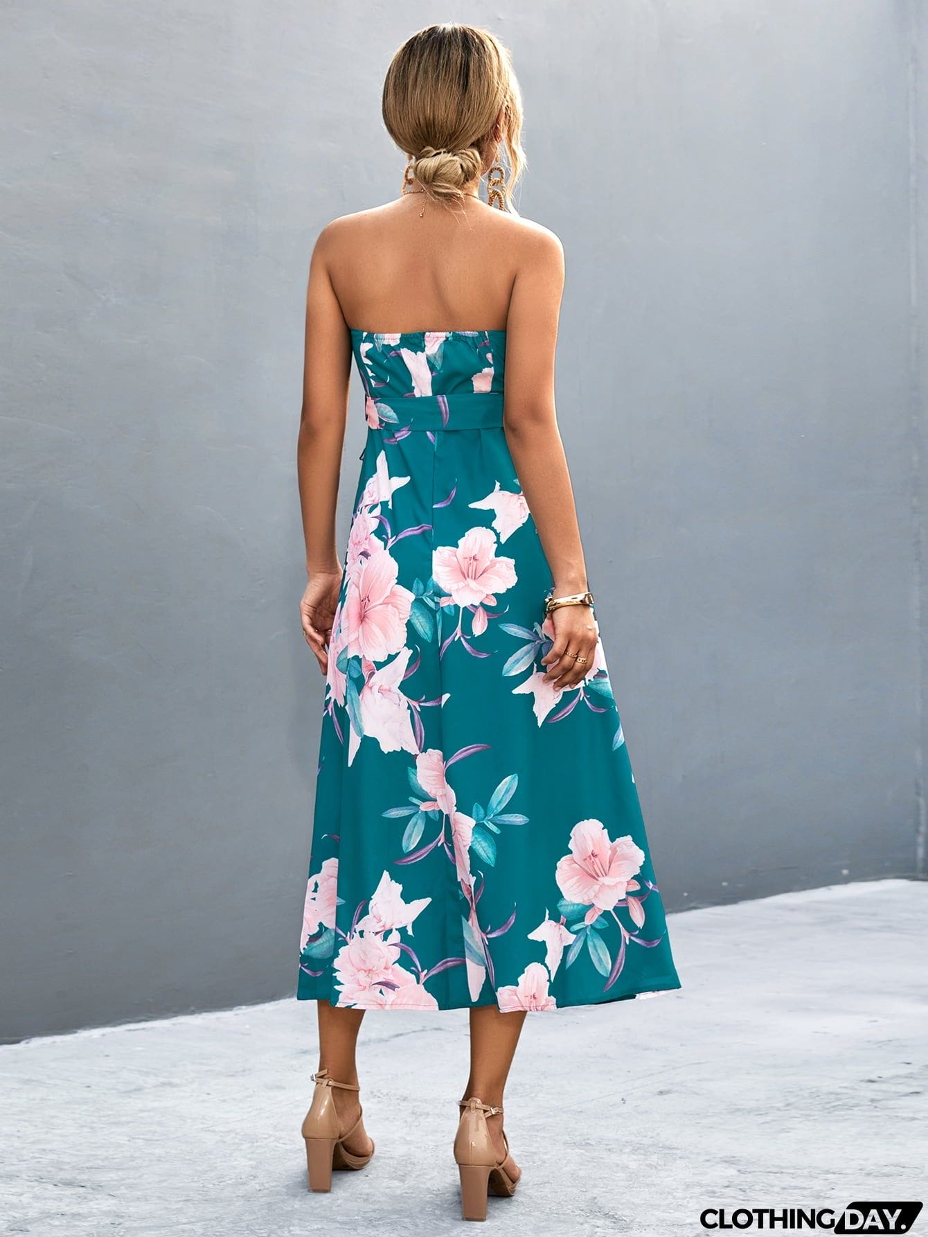 Floral Print Tie Waist Straight Neck Midi Dress