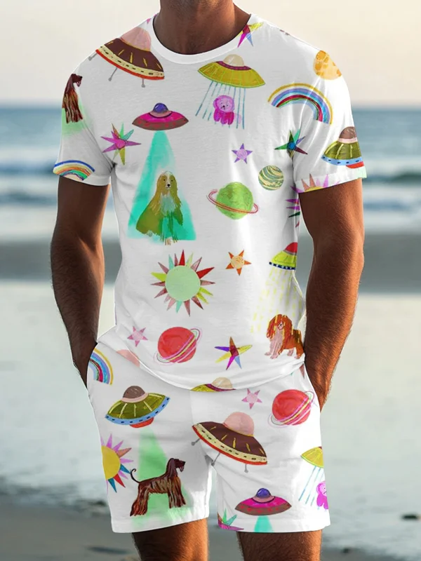Men's Fantasy Outer Space UFO Kidnapping Dog Print T-Shirt Shorts Set