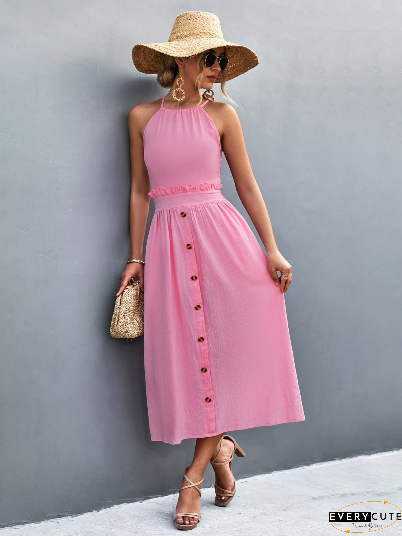 Buttoned Halter Neck Frill Trim Midi Dress