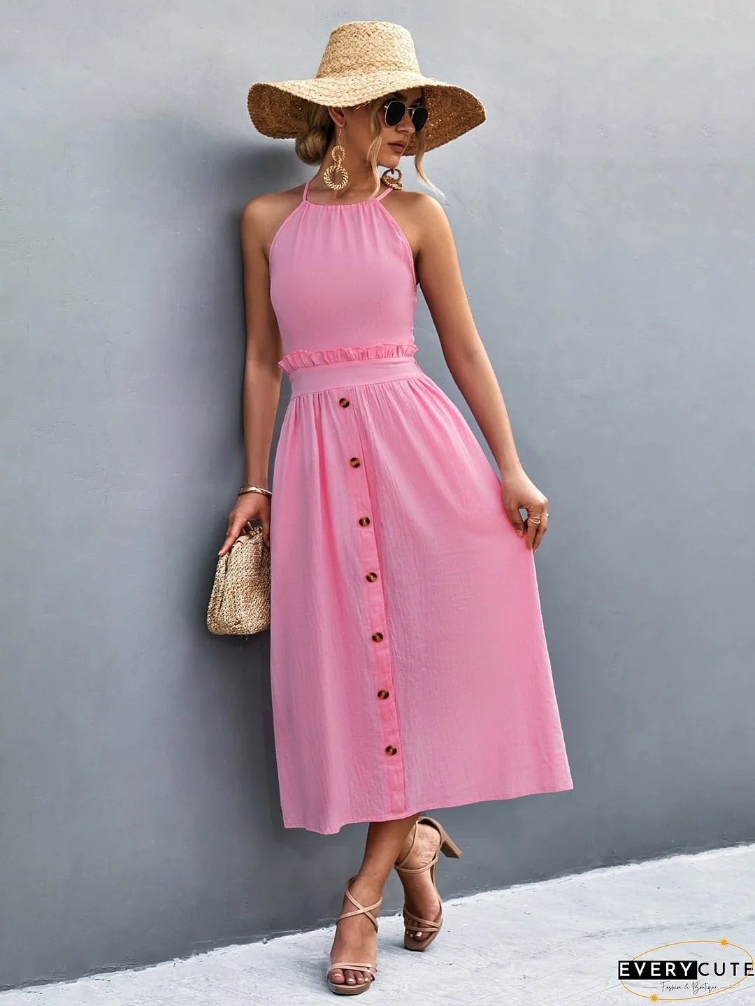 Buttoned Halter Neck Frill Trim Midi Dress