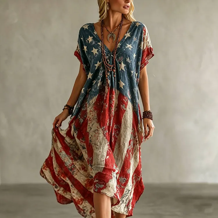 Women's Retro American Flag Floral Patchwork Art Comfortable Cotton Linen Dress