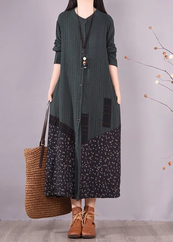 Loose O Neck Pockets Spring Clothes Design Blackish Green Patchwork Print Dresses