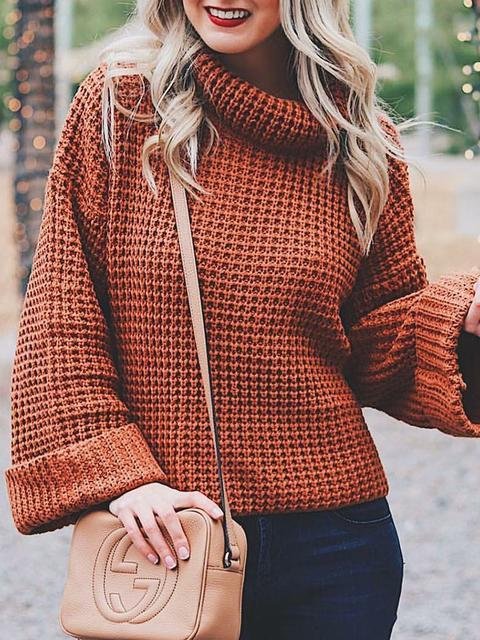 Casual Solid Color Knitted Turtleneck Sweater-elleschic