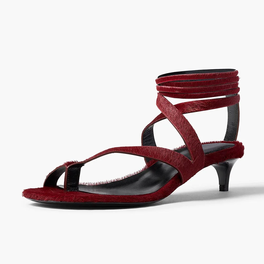 Women's Maroon Skinny Strap Toe Ring Low Kitten Heel Lace-Up Sandals