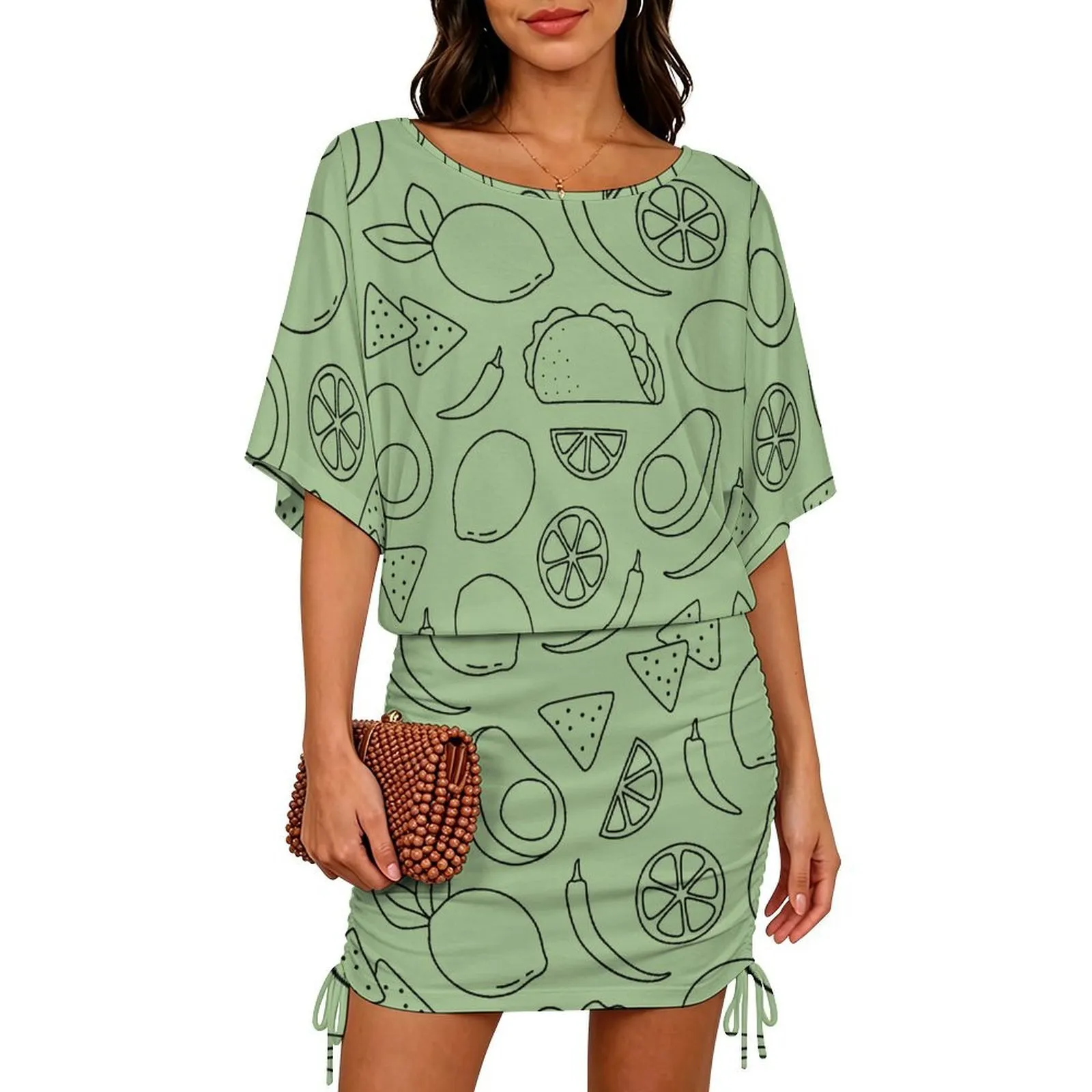 mexican bodycon dress SFneewho® restaurant Spanish Avocado Taco Food Line Art Batwing Sleeve Women Side Cinched Shoe Size:13M round neck flower girl dresses traditional mexican dress Skims Brown Soft Lounge This off