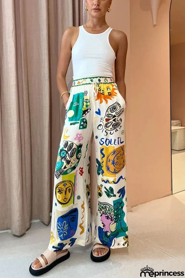 Meralda Unique Print Elastic Waist Pocketed Wide Leg Pants