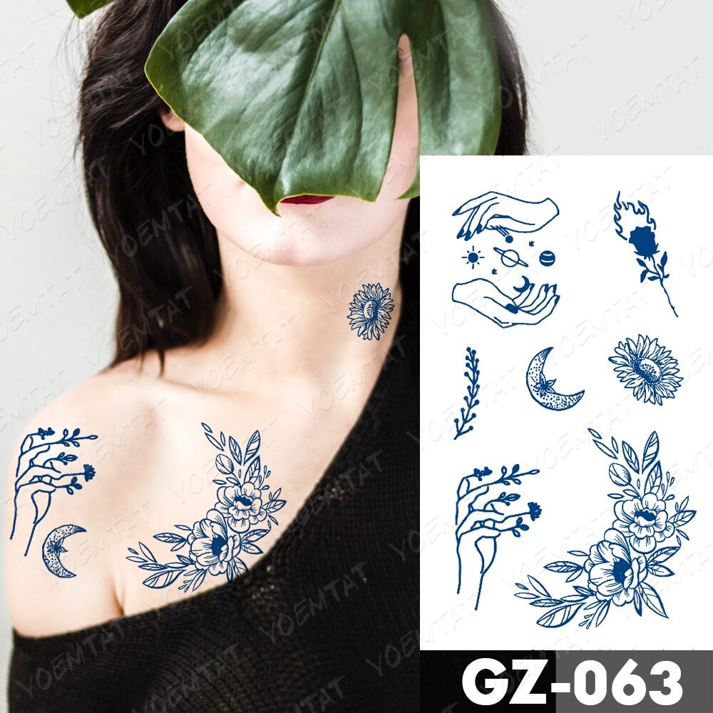 Gingf Lasting Waterproof Temporary Tattoo Stickers Starry Sky Moon Flower Rose Flash Tattoos Woman Arm Ink Body Art Fake Tatto