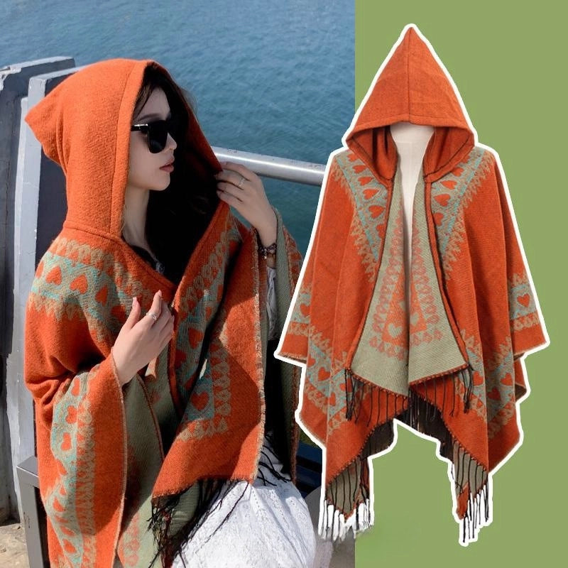 Ethnic Style Hooded Cape Women’s Yunnan Tibet Western Sichuan Grassland Bohemia Travel Wear Scarf Coat