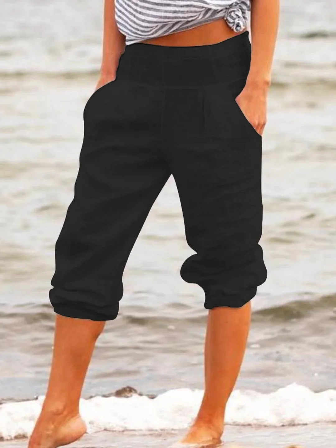 Women's Casual Solid Color Beamed Cotton Cropped Pants