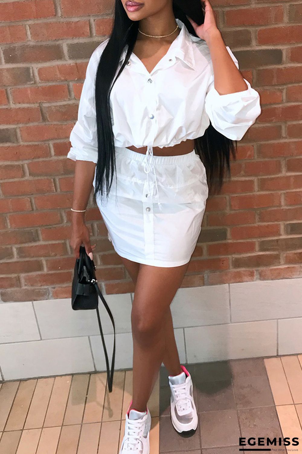 White Casual Turndown Collar Long Sleeves Two-piece Skirt Set | EGEMISS