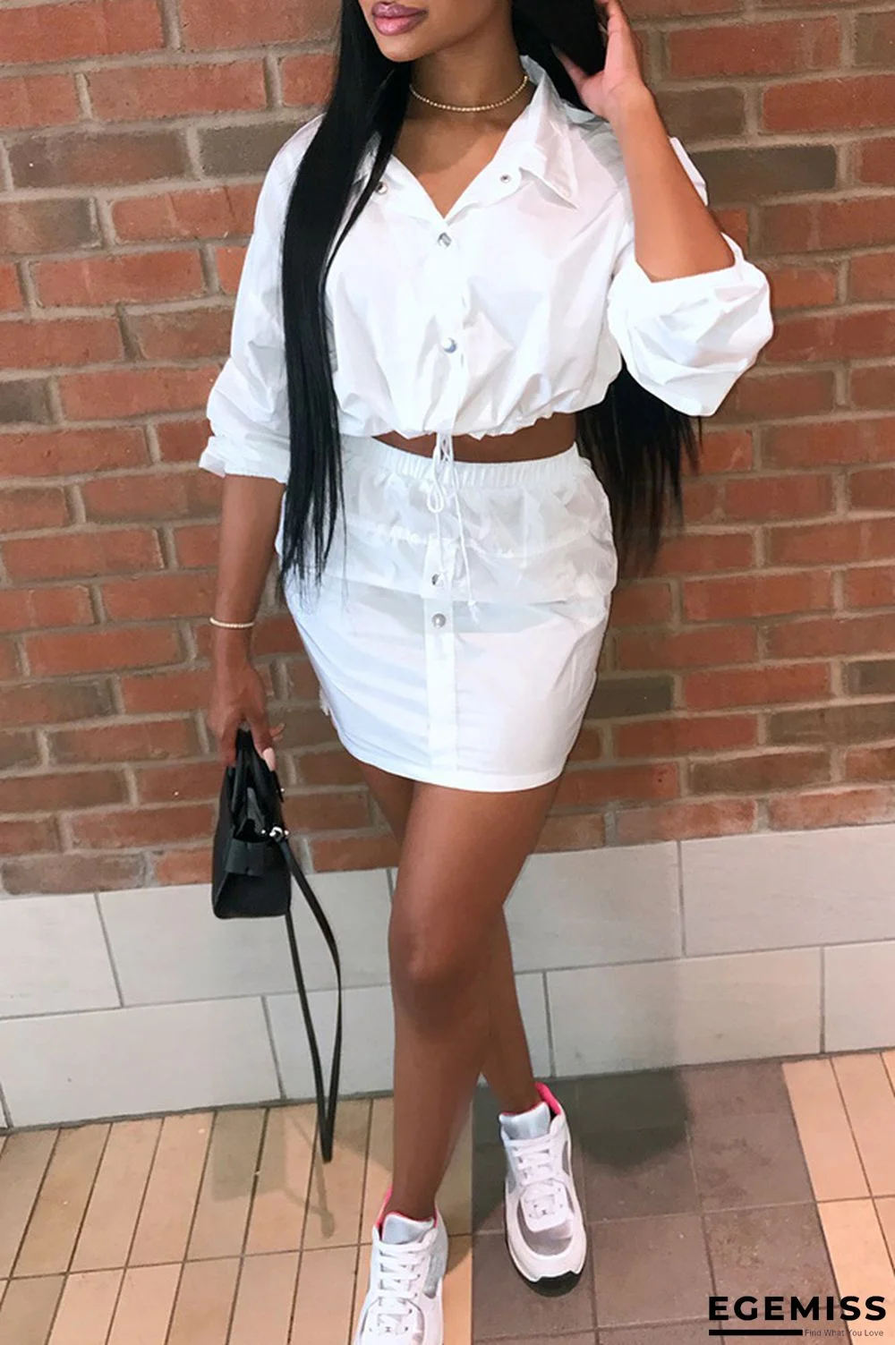 White Casual Turndown Collar Long Sleeves Two-piece Skirt Set | EGEMISS