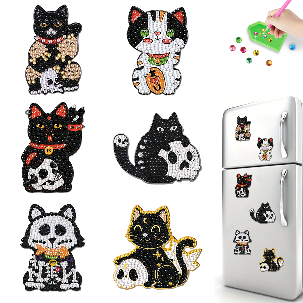 6Pcs Acrylic Black Cat Diamond Art Refrigerator Magnets Sticker for Beginners