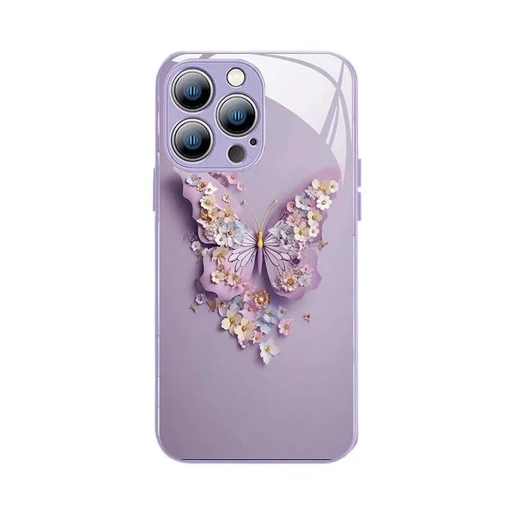 Flat 3D Butterfly Pattern Glass Cover Fairy Butterfly Glass Phone Case for IPhone 14 13 12 11 15 Pro Max X XS XR 7 8 Plus Cover