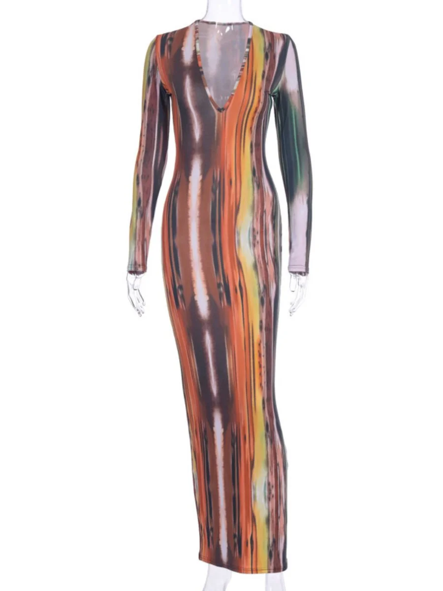 Women's Dress V-neck Color Patchwork Long Sleeve Slim Maxi Dresses