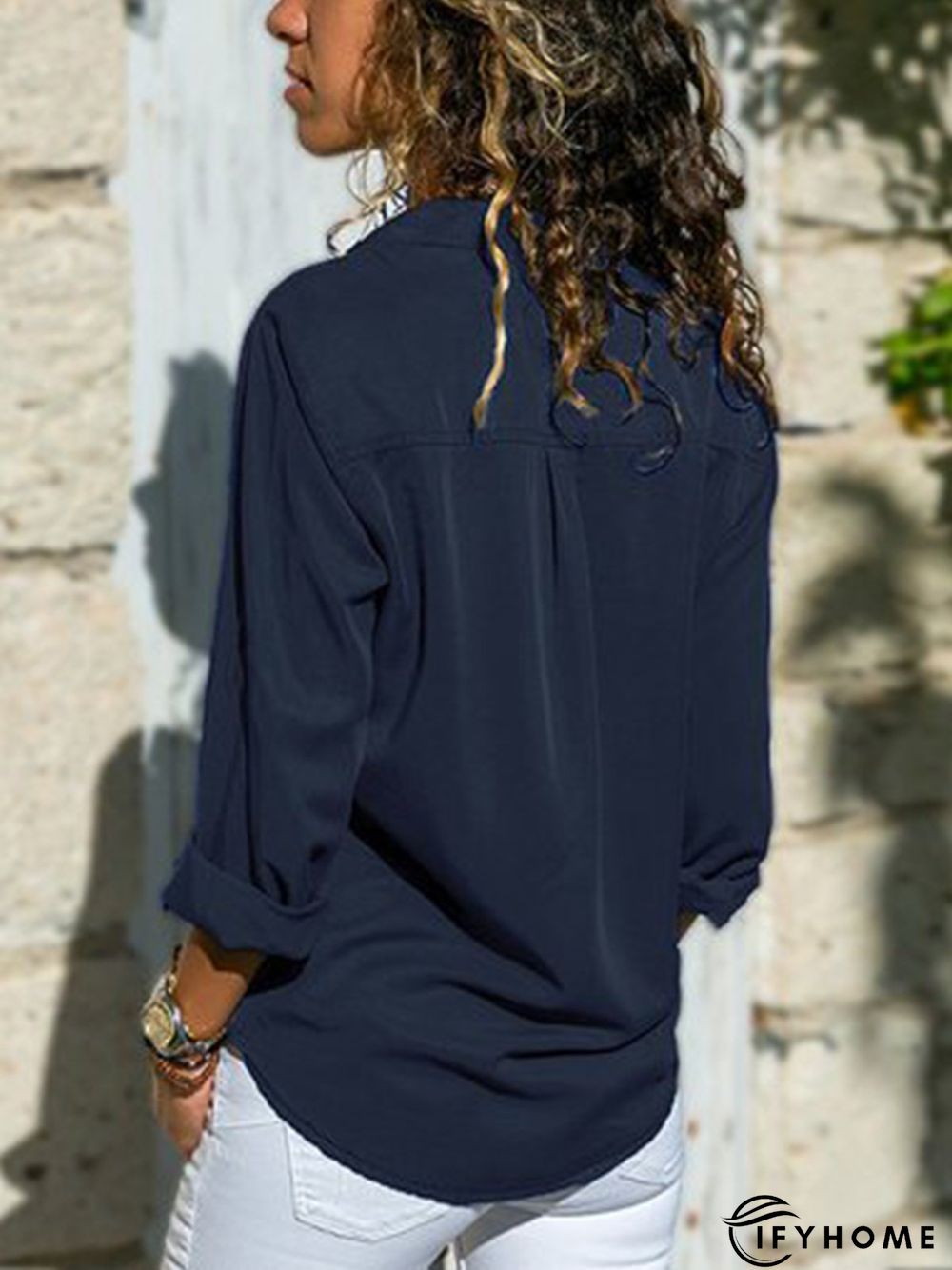 Women Fashion Turn Down Collar Solid  V Neck Long Sleeve Blouse | IFYHOME