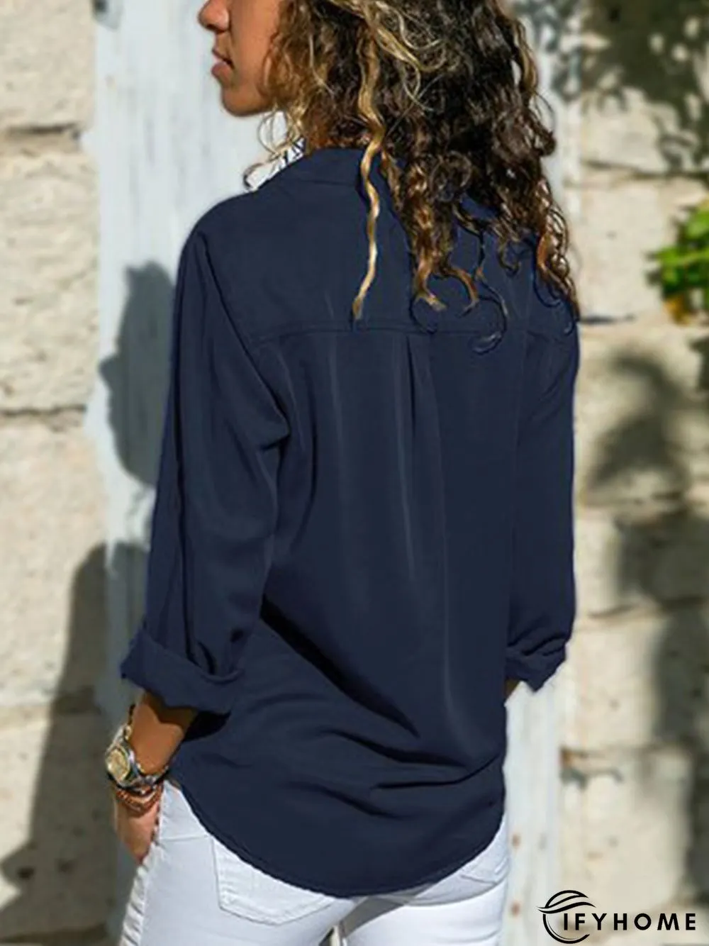 Women Fashion Turn Down Collar Solid  V Neck Long Sleeve Blouse | IFYHOME