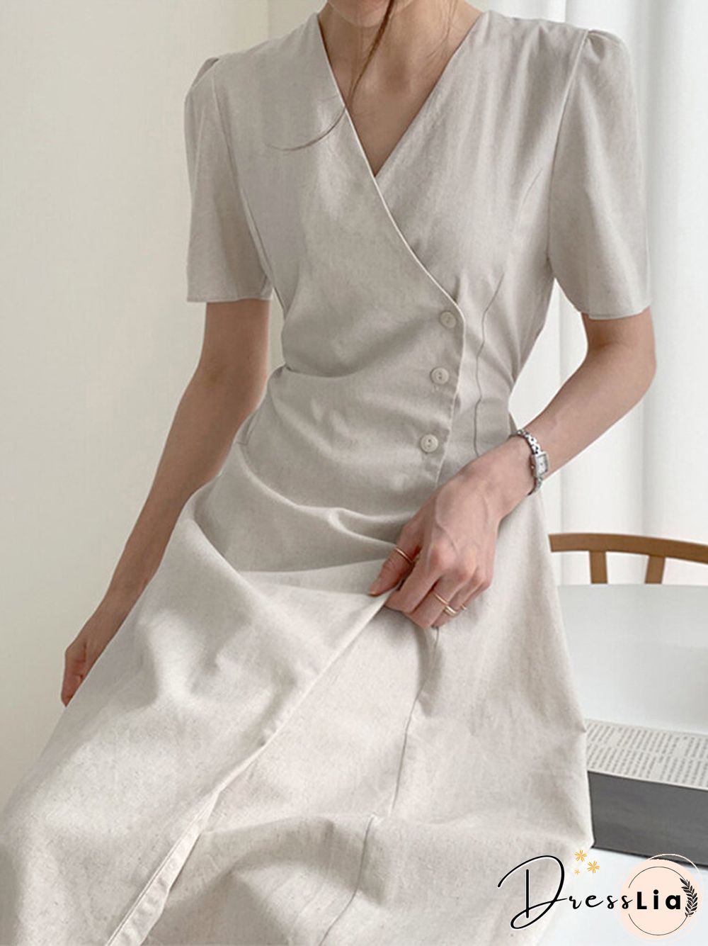 Solid Warp Button Front V-neck Short Sleeve Casual Dress