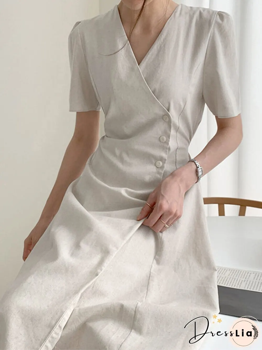 Solid Warp Button Front V-neck Short Sleeve Casual Dress