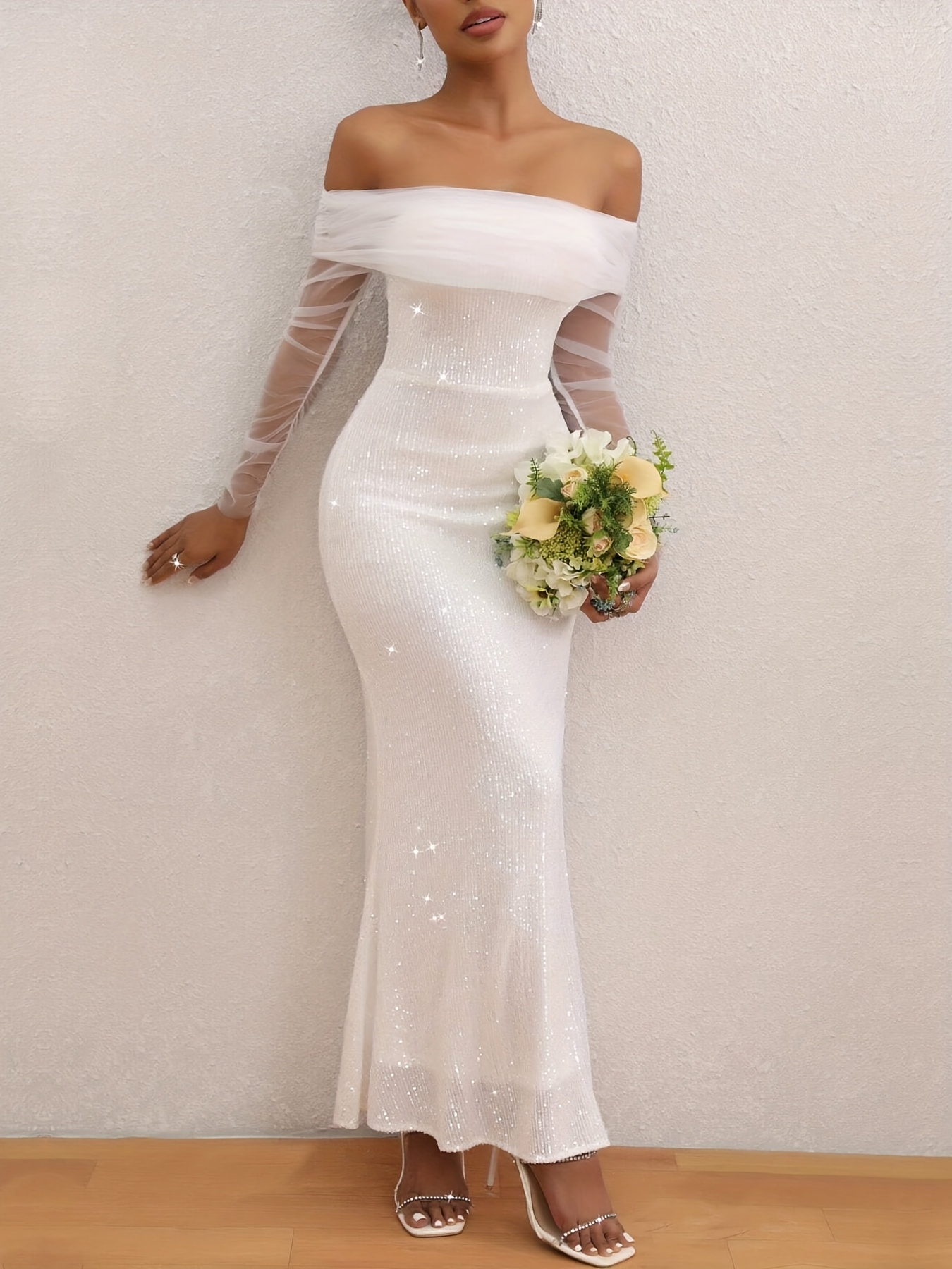 Elegant Off-The-Shoulder Semi-Sheer Evening Gown | Women's Long Formal Dress With High Slit, Hand Washable All-Season Wedding Party Cocktail Attire | IFYHOME