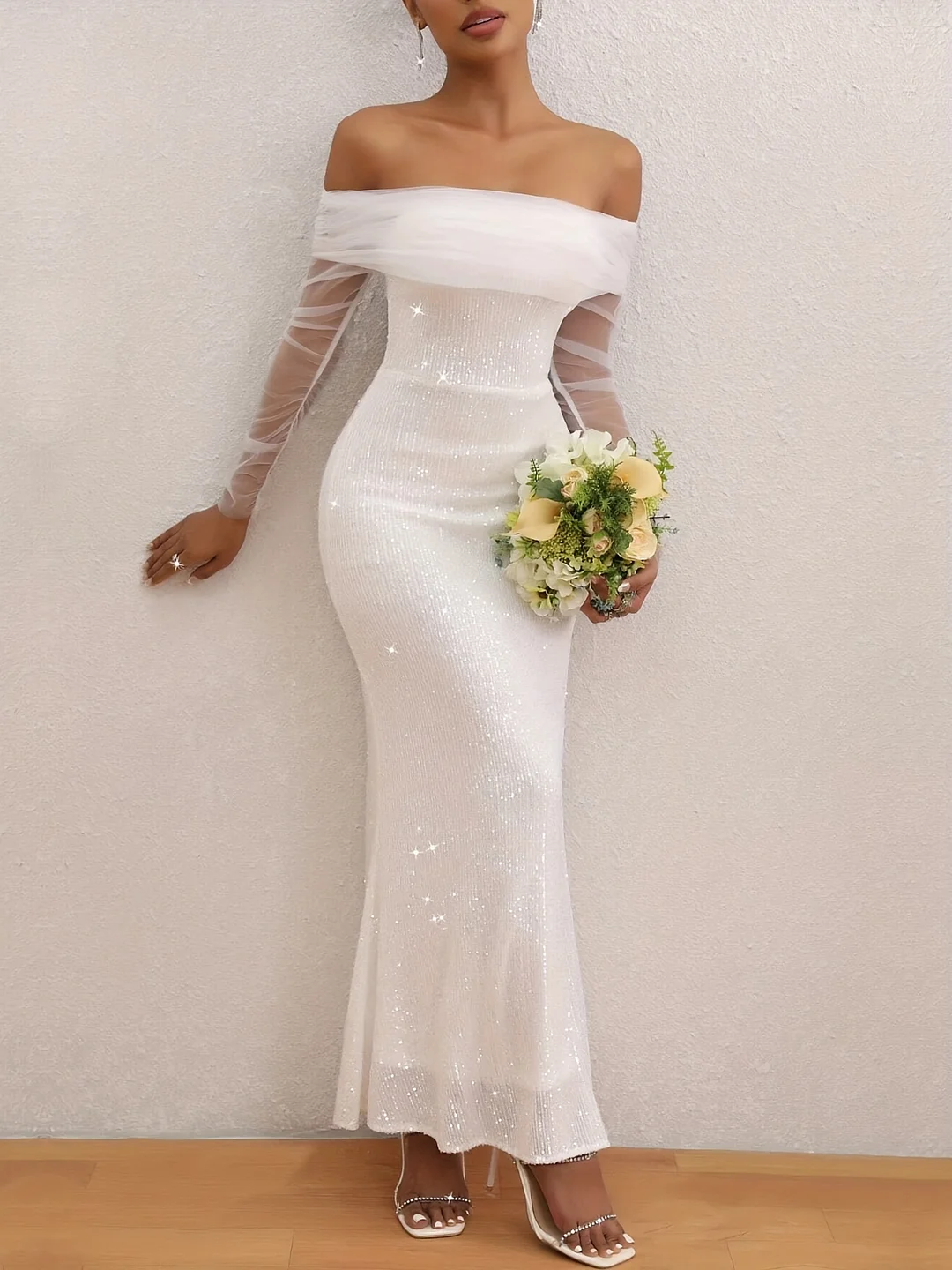 Elegant Off-The-Shoulder Semi-Sheer Evening Gown | Women's Long Formal Dress With High Slit, Hand Washable All-Season Wedding Party Cocktail Attire | IFYHOME