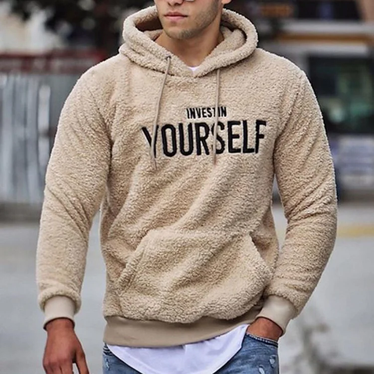 Men's Casual Pocket Letter Embroidered Fleece Pullover Hoodie