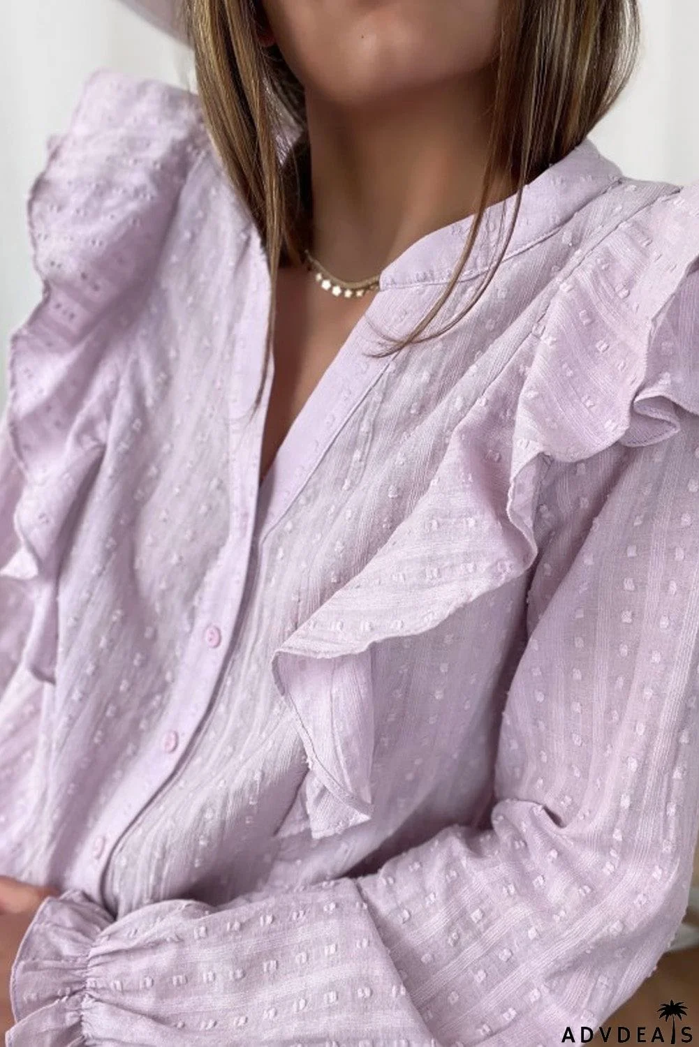 Dotted Texture Sheer Ruffles Bubble Sleeves Shirt