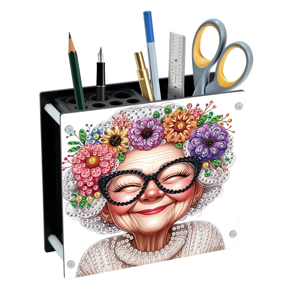 DIY Old Lady Special Shaped Diamond Painting Acrylic Pencil Holder Organizer