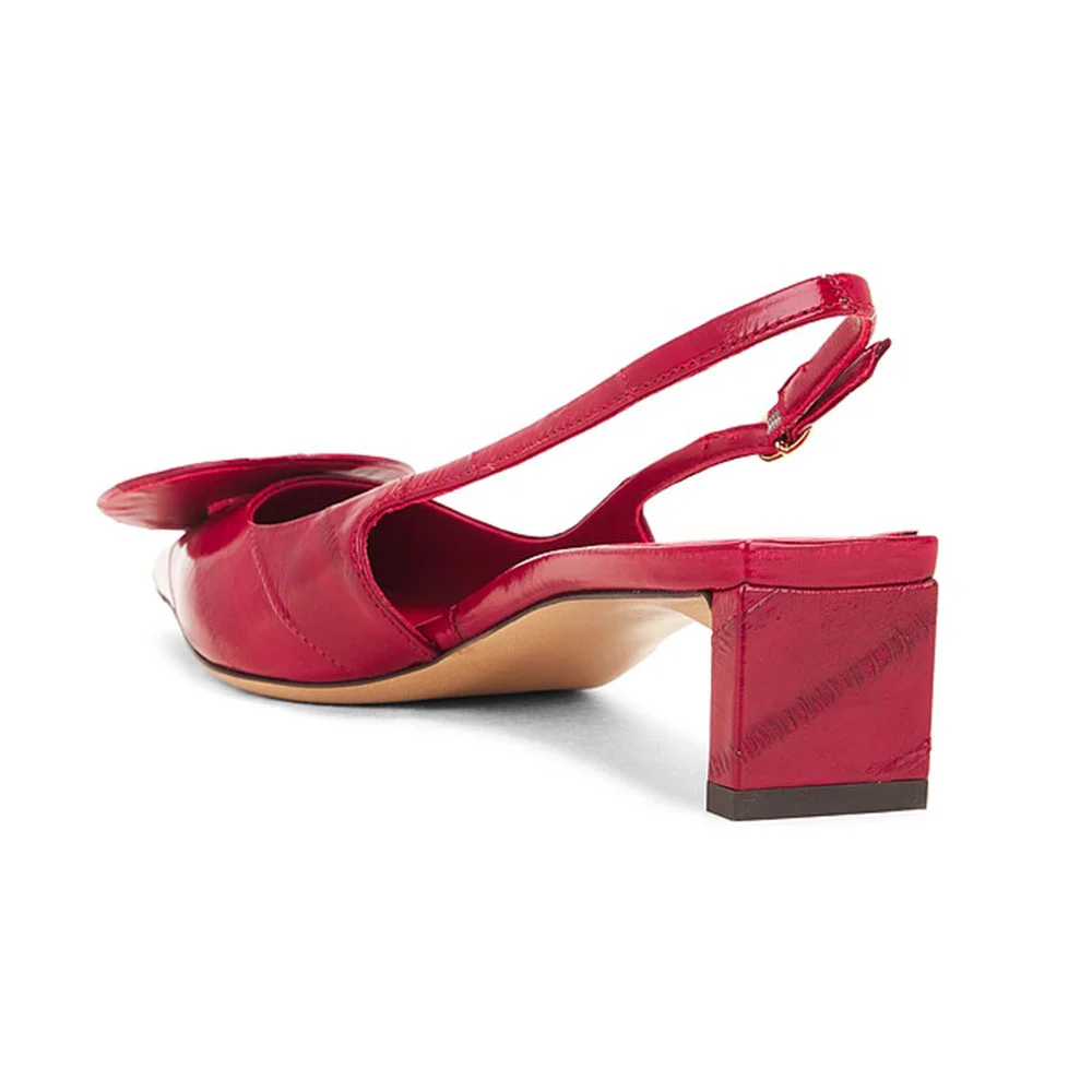 Pointed Toe Low Heel Asymmetric Embossed Slingback Red Pumps