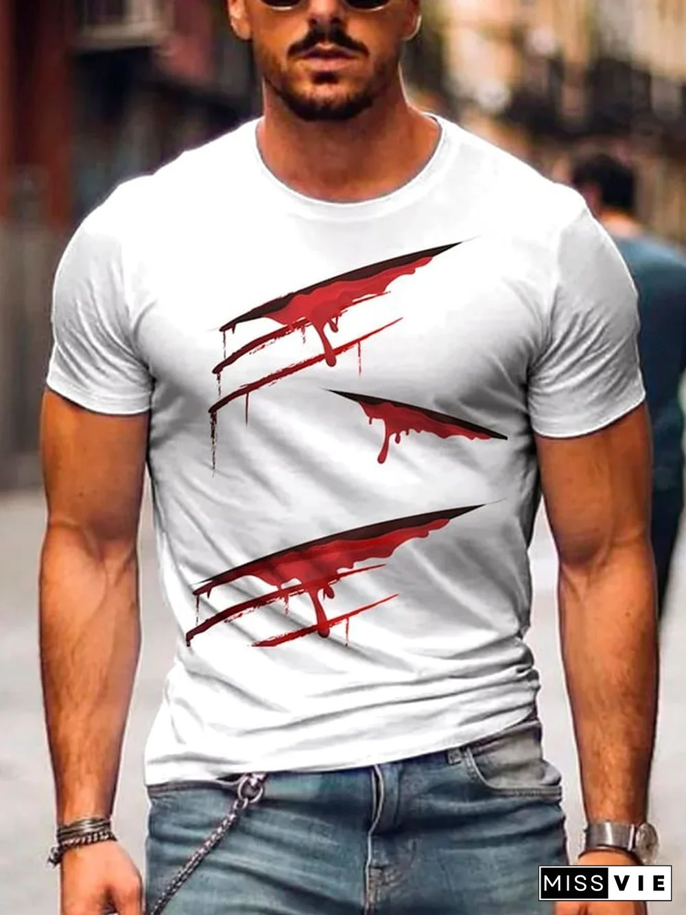 Men'S Halloween Bloody Ripped Print Casual T-Shrit