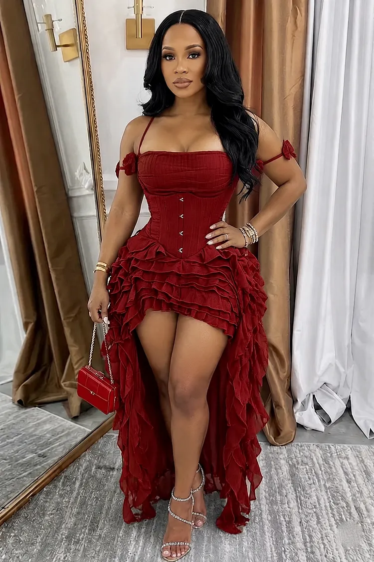 high neck cinched waist dress Loragal Cami Cinch Ruched High-Low Hem Maxi Dresses-Burgundy Formal gown